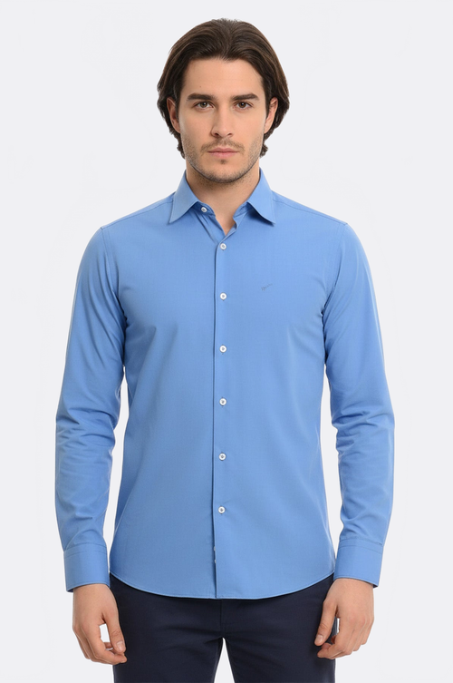Plain Cotton Satin Blue Shirt - Wessi