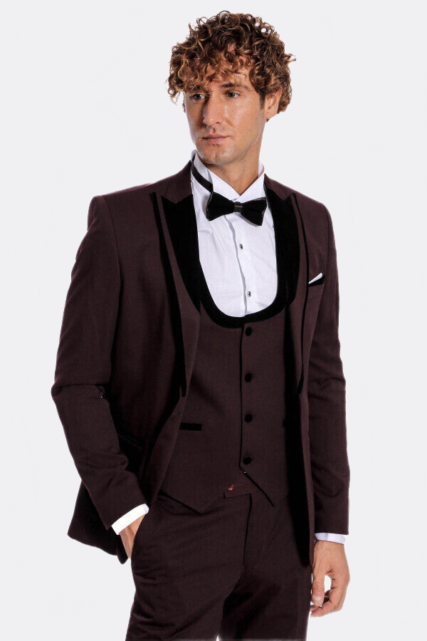 Velvet Lapel Vested Patterned Burgundy Men Tuxedo - Wessi