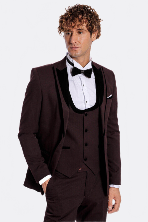 Velvet Lapel Vested Patterned Burgundy Men Tuxedo - Wessi