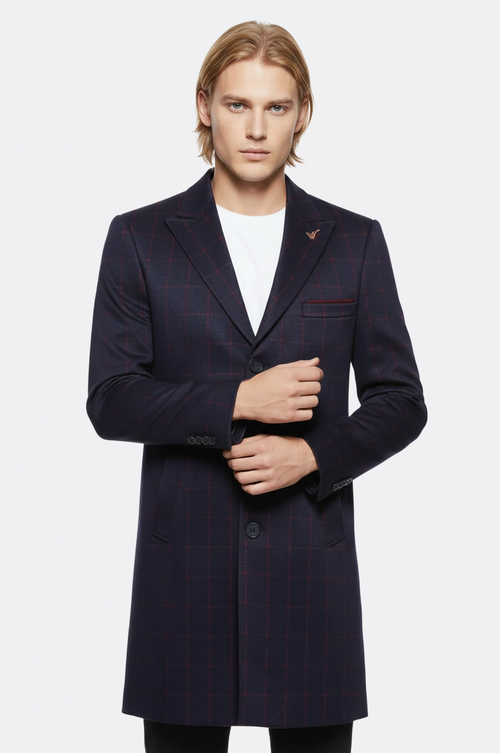 Checked Navy Blue Men Cachet Coat - Wessi