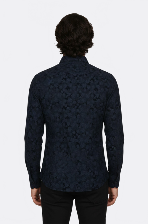 Bloom Patterned Dark Blue Slim Fir Shirt - Wessi