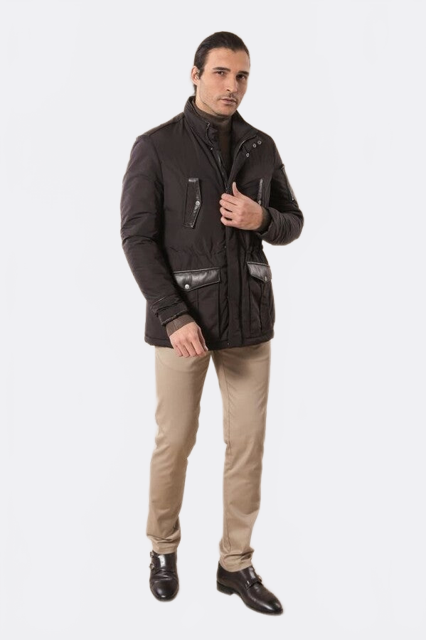 Leather Modeled Dark Brown Slim Fit Quilted Jacket - Wessi