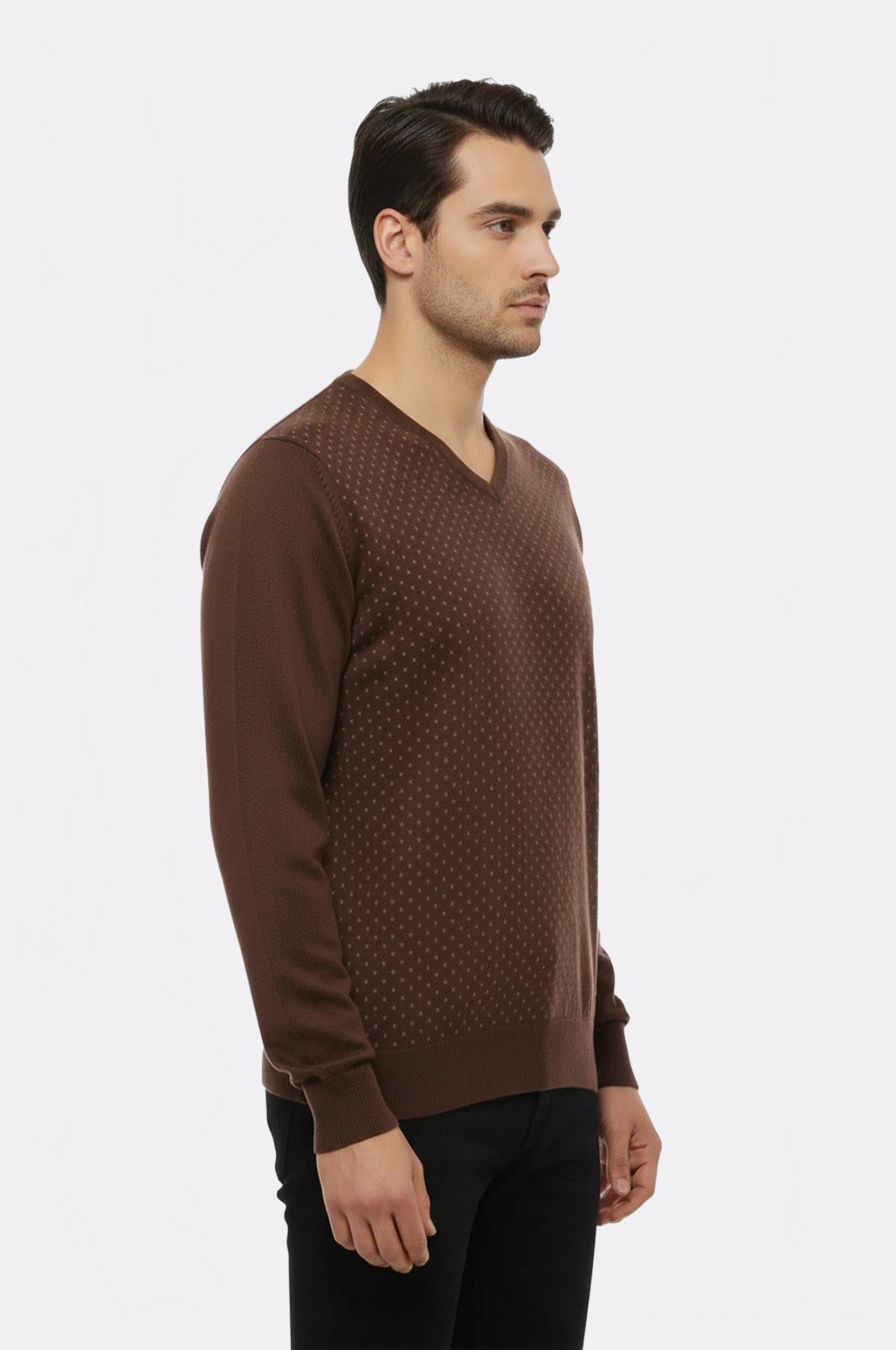 Light Brown Dot Patterned V Neck Sweater - Wessi