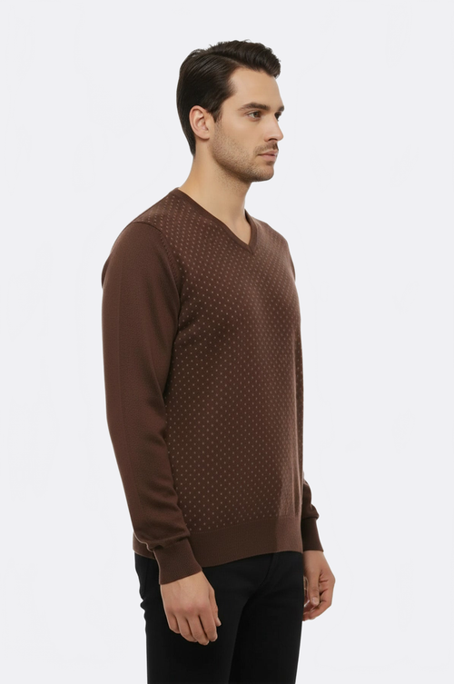 Light Brown Dot Patterned V Neck Sweater - Wessi