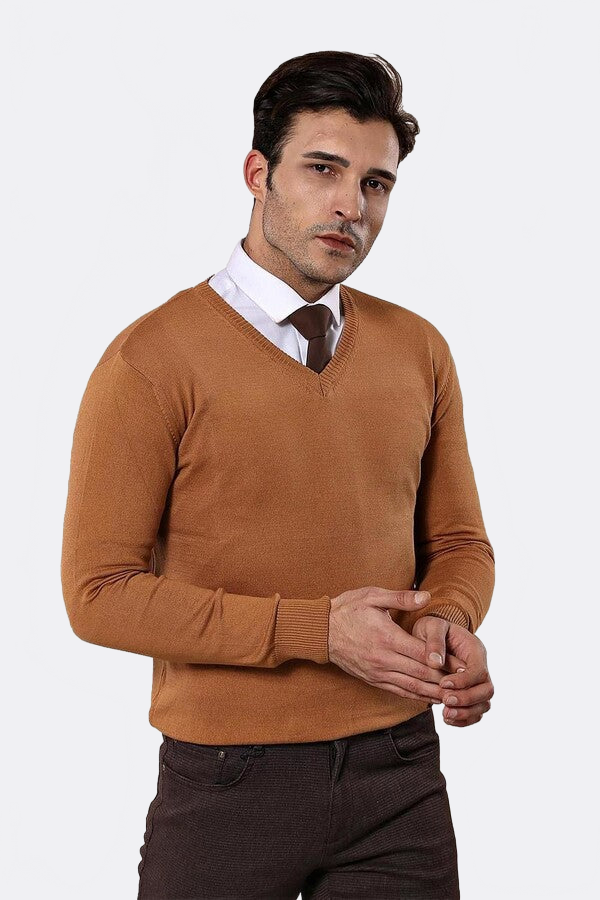 V Neck Brown Sweater - Wessi