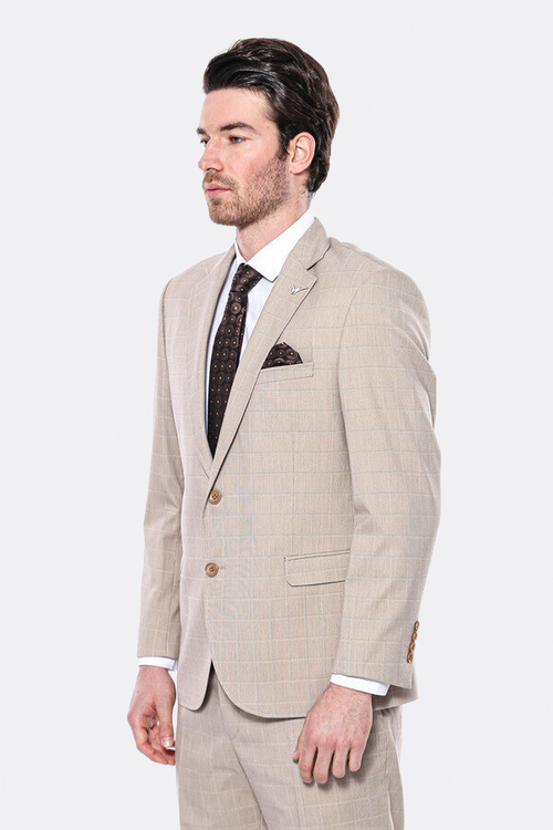 4 Drop Checked Regular Fit Beige Suit - Wessi