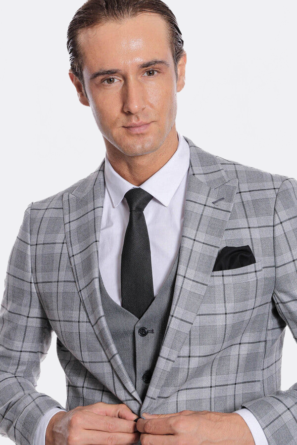 Slim Fit Checked Grey Men Suit - Wessi