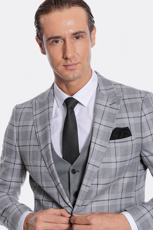 Slim Fit Checked Grey Men Suit - Wessi