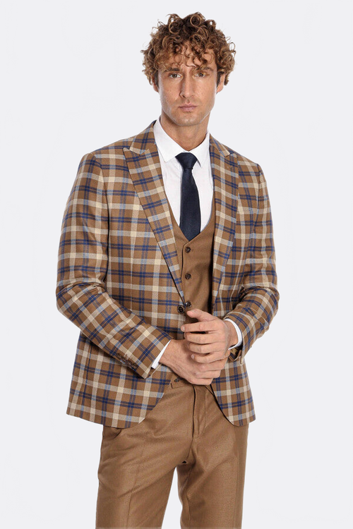 Checked Slim Fit Brown Men Suit  - Wessi