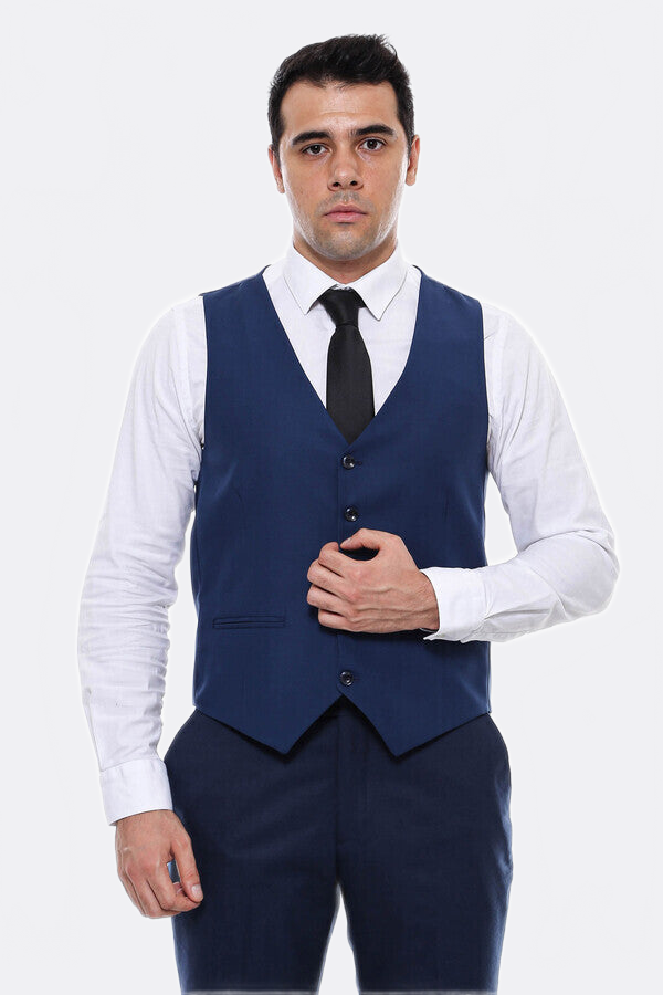 Plain Slim Fit Navy Blue Men Vest - Wessi