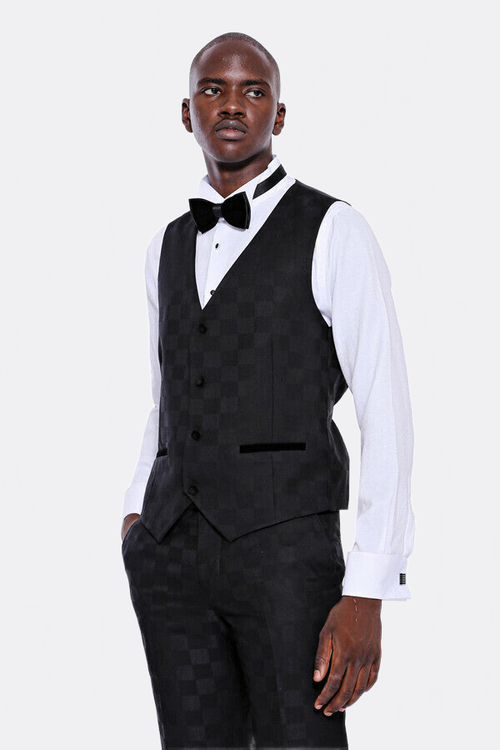 Plaid Slim Fit Black Men Tuxedo  - Wessi