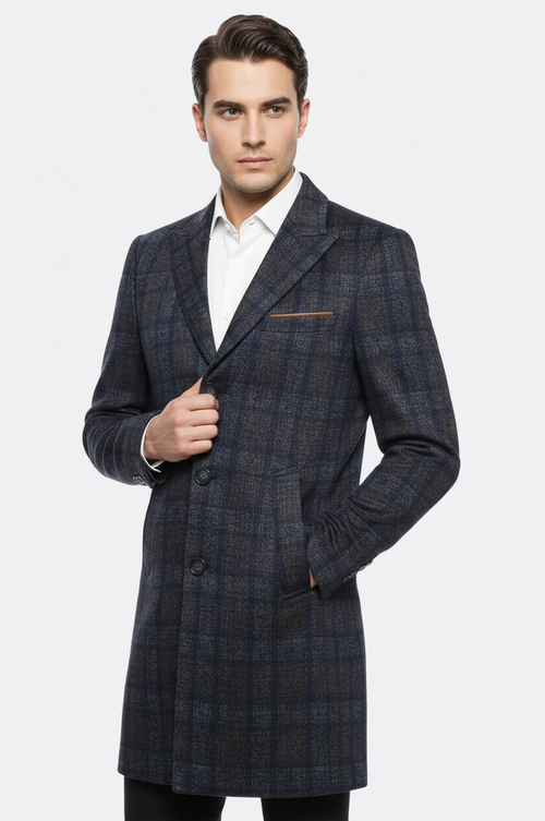 Plaid Over Knee Smoked Men Coat - Wessi