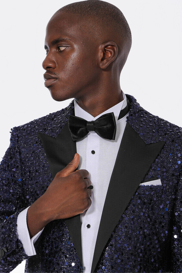 Navy Blue Sequin Patterned Party Blazer | Wessi