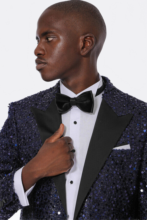 Navy Blue Sequin Patterned Party Blazer | Wessi