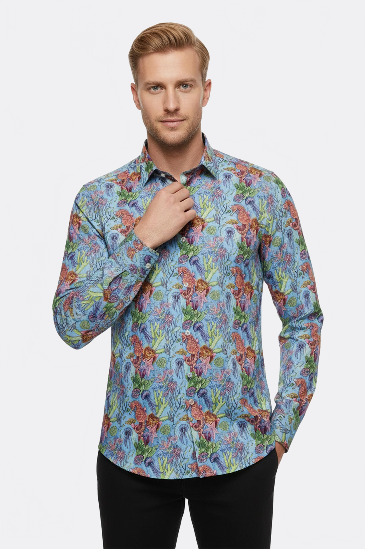 Red Floral Patterned Slim-Fit Long Sleeves Navy Blue Shirt - Wessi