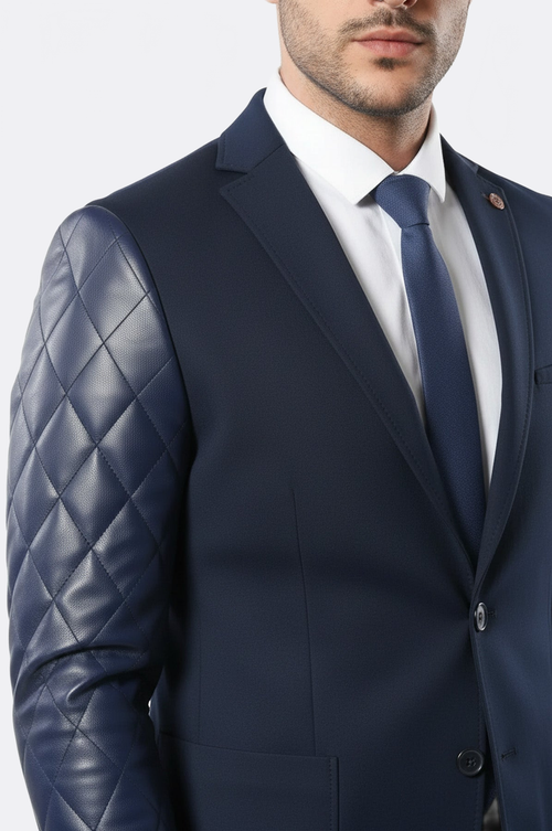 Leathered Sleeve Quilted Navy Blue Cache Blazer - Wessi