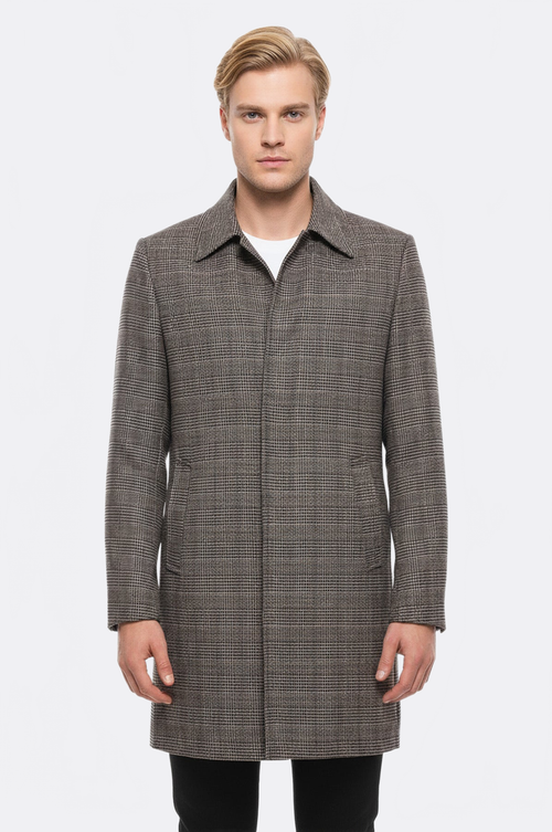 Brown Checked Hidden Button Coat - Wessi