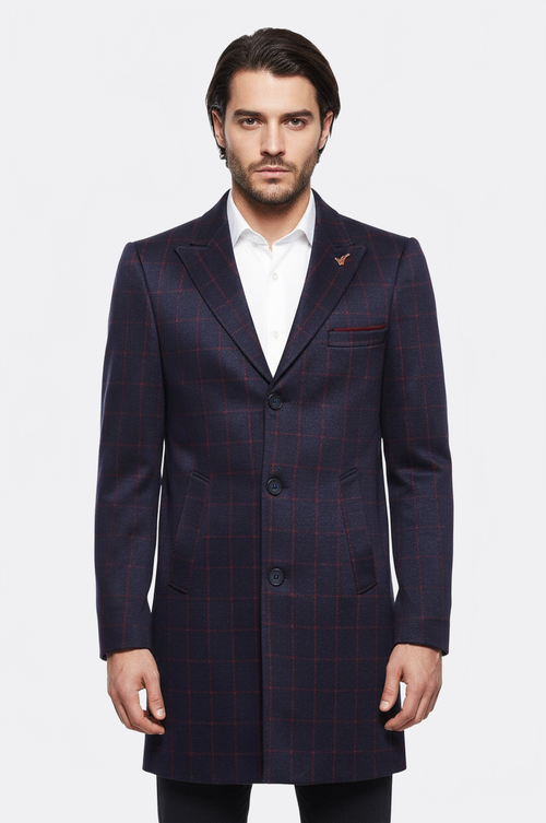 Plaid Navy Blue Men Coat - Wessi