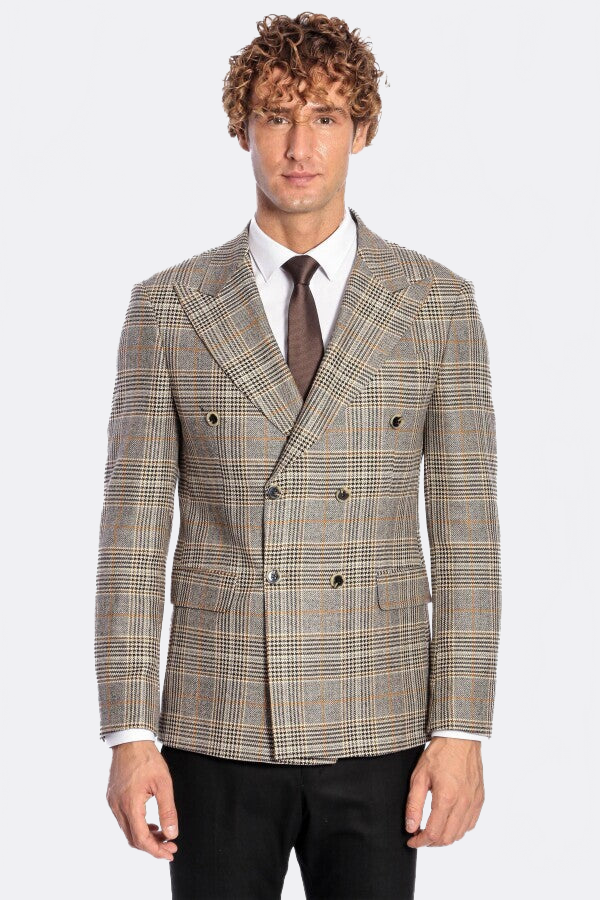 Double Breasted Checked Grey Men Blazer - Wessi