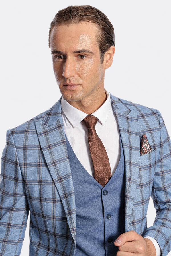Checked Patterned Slim Fit Blue Men Suit - Wessi