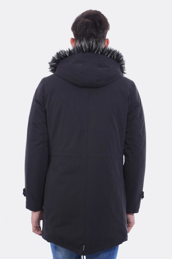 Fur Hooded Black Men Coat - Wessi