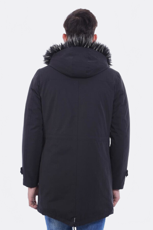Fur Hooded Black Men Coat - Wessi