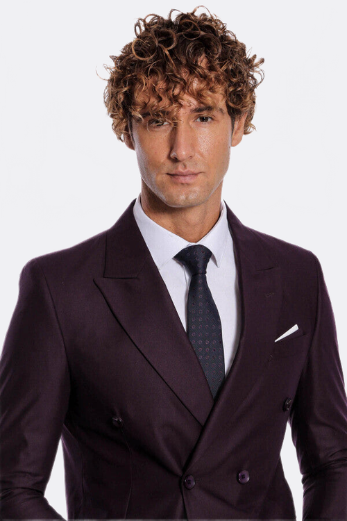 Double Breasted Plain Wide Lapel Purple Men Suit - Wessi