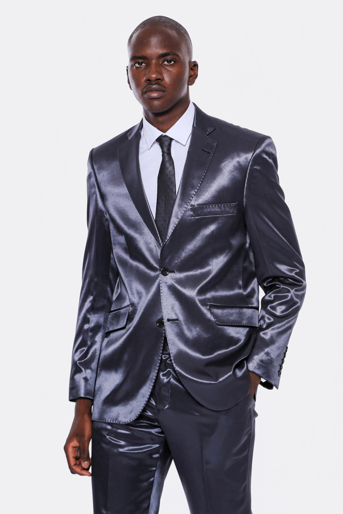 Two Buttons Two Piece Slim Fit Satin Navy Blue Men Suit