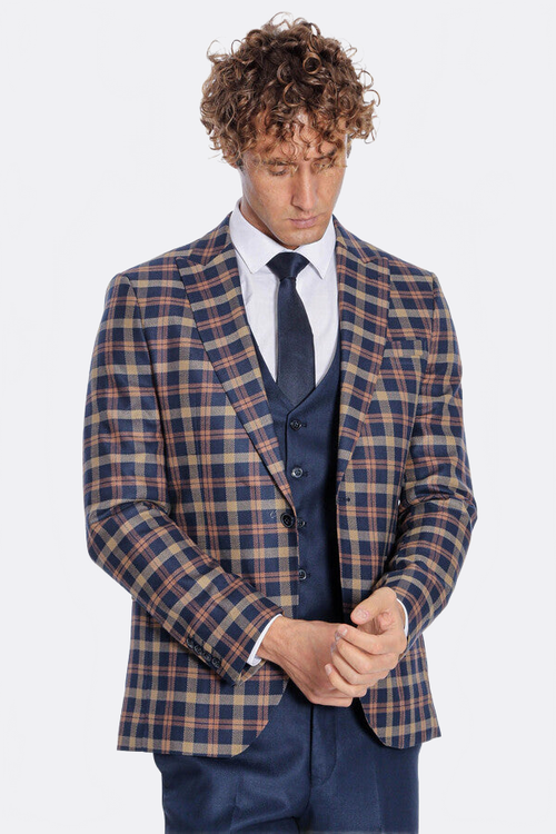 Checked Blazer Slim Fit Navy Blue Men Suit - Wessi