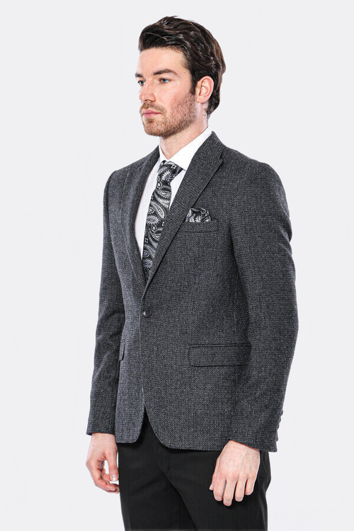 Peak Lapel Dark Grey Blazer - Wessi