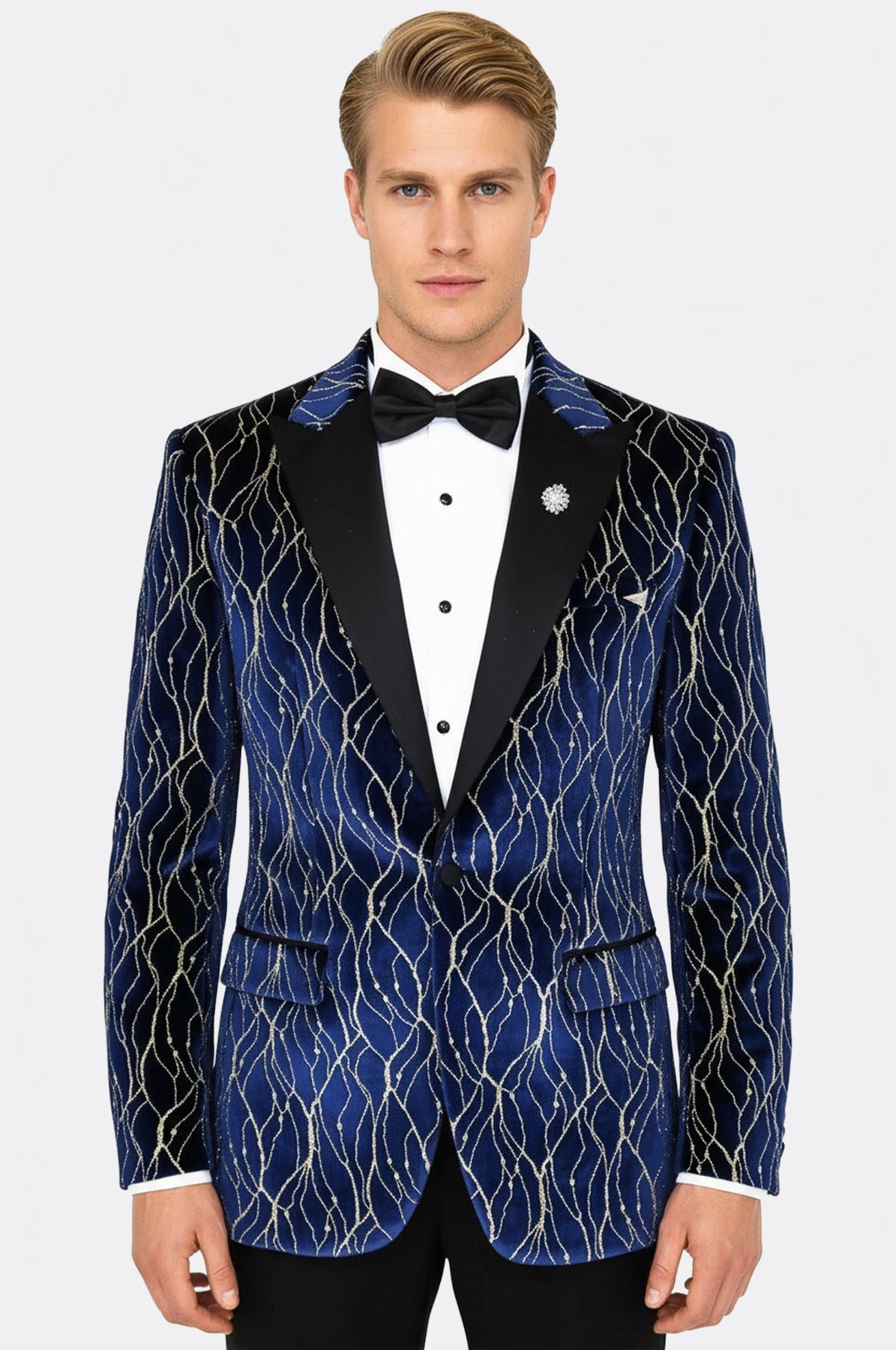 Gold Patterned Navy Blue Men Prom Blazer - Wessi