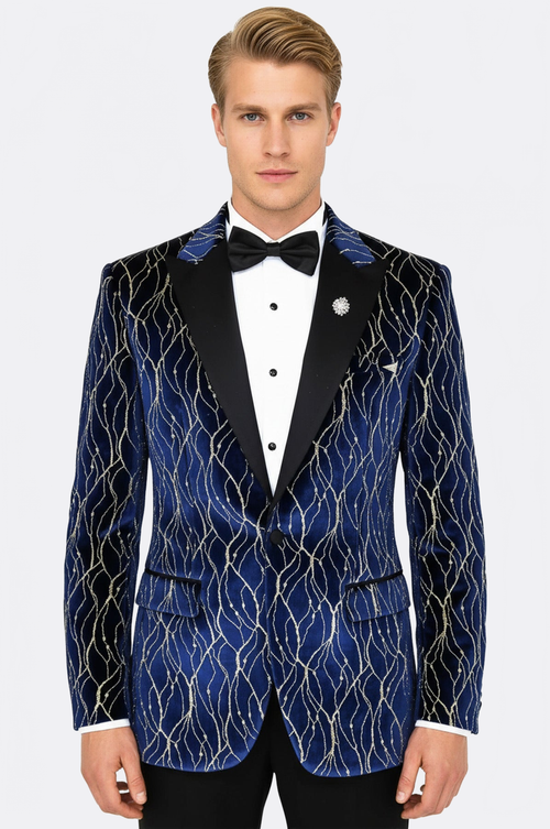 Gold Patterned Navy Blue Men Prom Blazer - Wessi