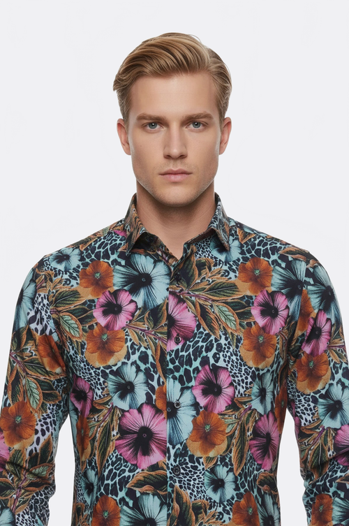 Floral Patterned Slim Fit Long Sleeves Multicolor Men Shirt - Wessi