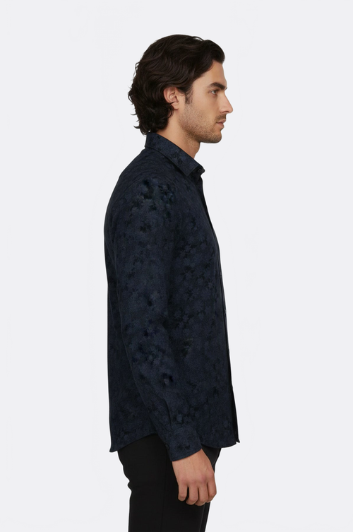 Bloom Patterned Dark Blue Slim Fir Shirt - Wessi