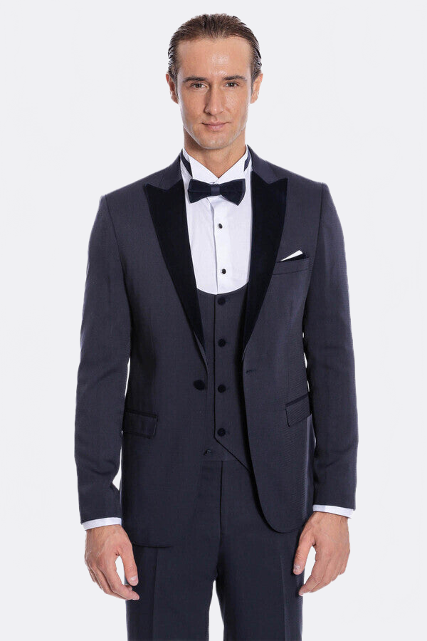 Velvet Lapel Slim Fit Navy Blue Men Tuxedo - Wessi