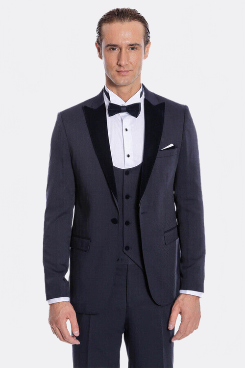 Velvet Lapel Slim Fit Navy Blue Men Tuxedo - Wessi