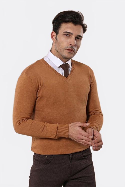 V Neck Brown Sweater - Wessi