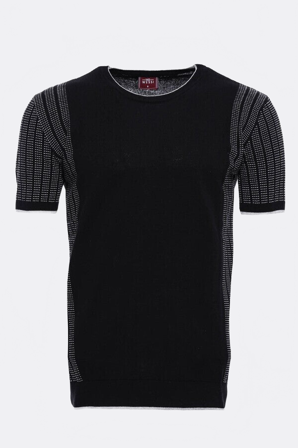 Circle Neck Patterned Black Knitted T-Shirt - Wessi