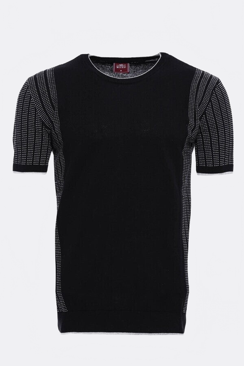 Circle Neck Patterned Black Knitted T-Shirt - Wessi