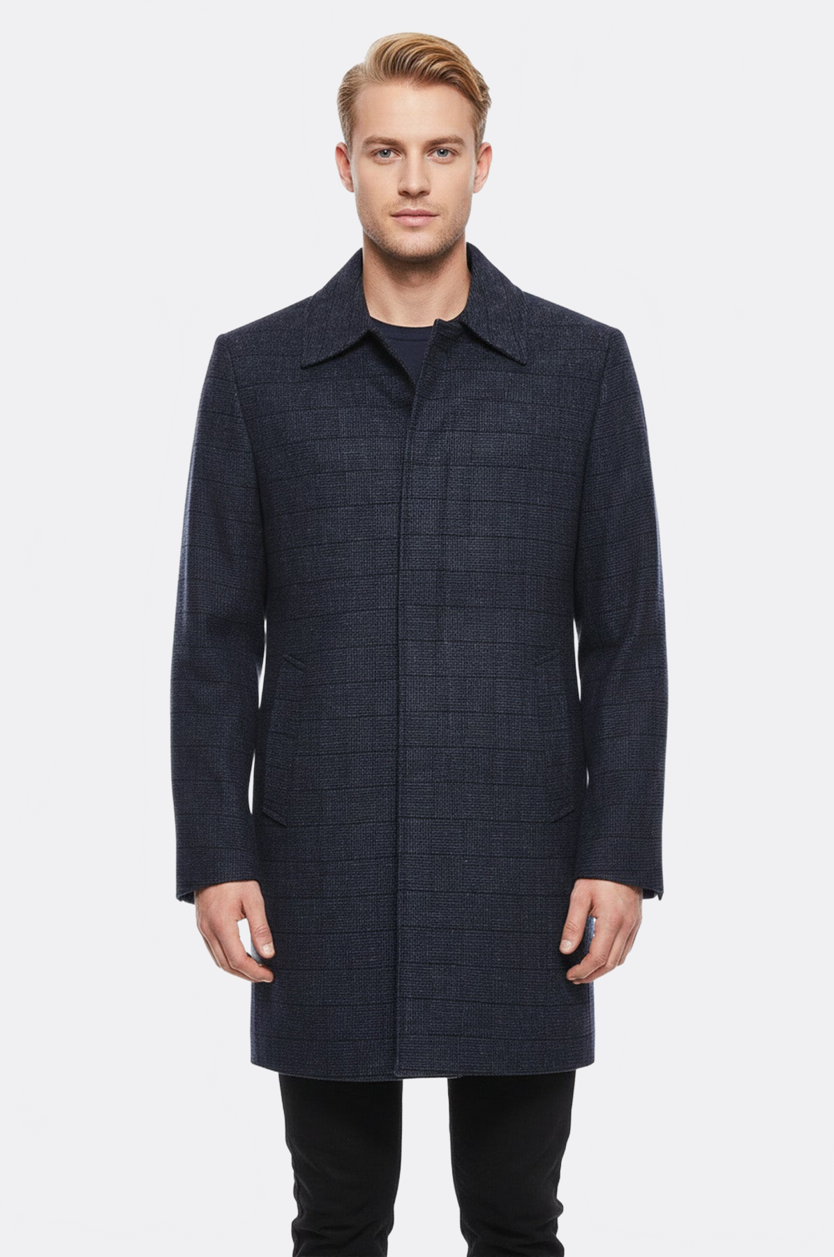 Navy Checked Hidden Button Peak Lapel Coat - Wessi