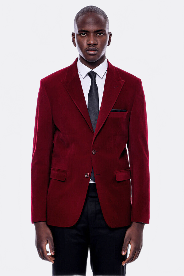 Wide Peak Lapel Velvet Burgundy Men Blazer - Wessi