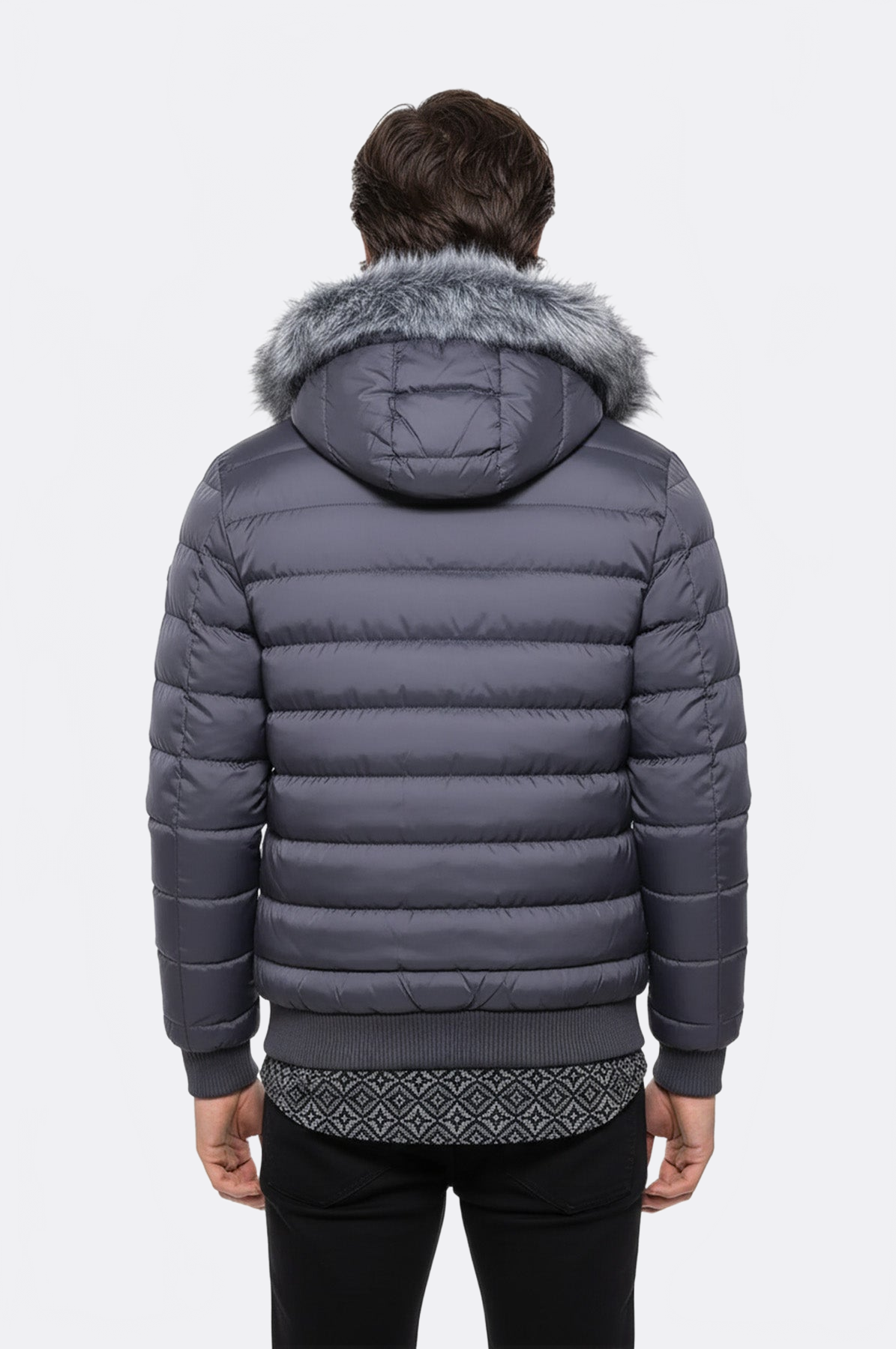 Grey Men's Puffer Coat with Fur - Wessi