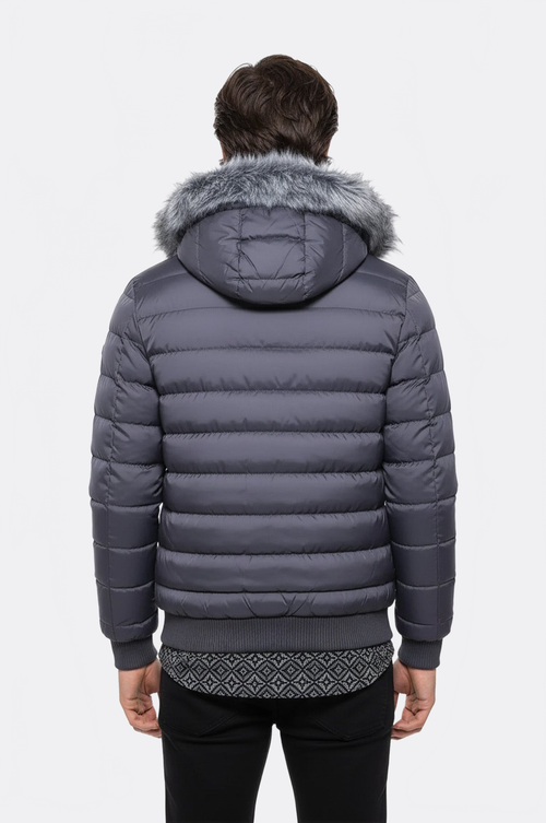 Grey Men's Puffer Coat with Fur - Wessi