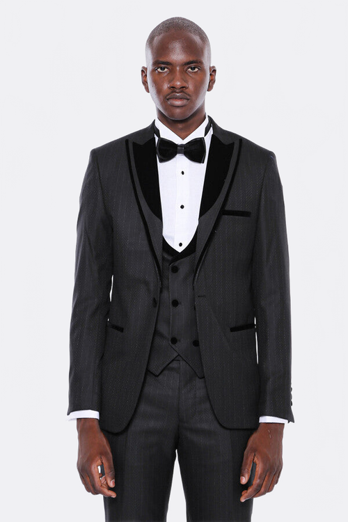Velvet Lapel Striped Herringbone Black 3 Piece Tuxedo - Wessi