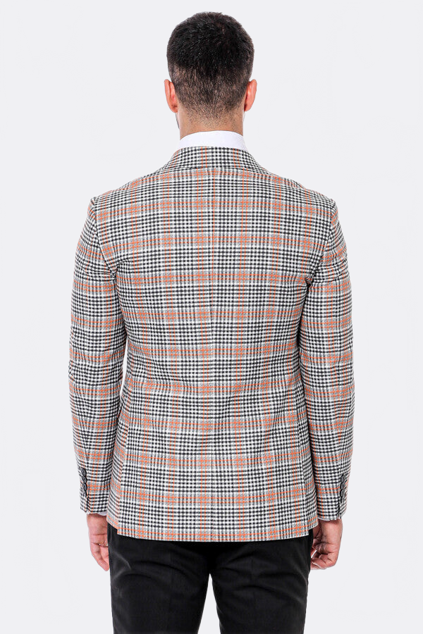 Plaid Slim-Fit Orange Black Men Blazer - Wessi