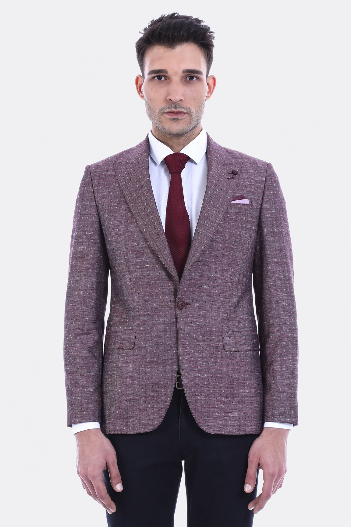 Burgundy Linen Dot Patterned Jacket | Wessi