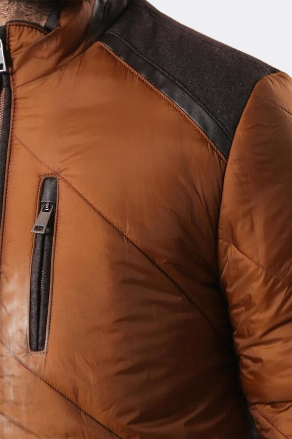 Tan Quilted Down Men Coat - Wessi