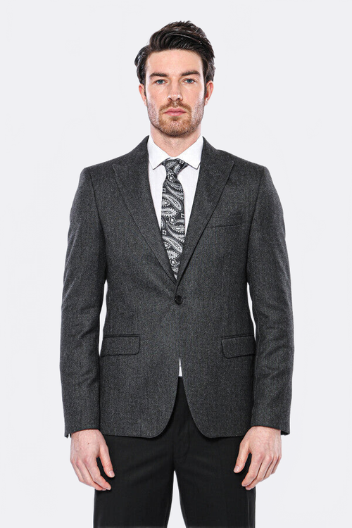 Peak Lapel Dark Grey Blazer - Wessi