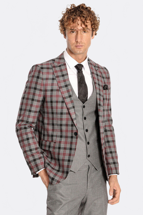 Checked Slim Fit Grey Men Suit - Wessi