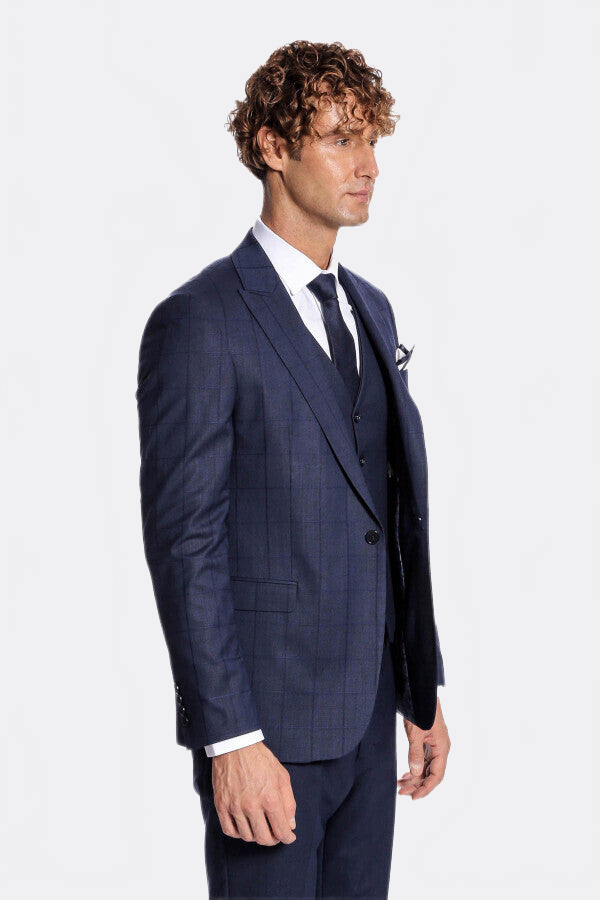Checked Vested Slim Fit Navy Blue Men Suit - Wessi